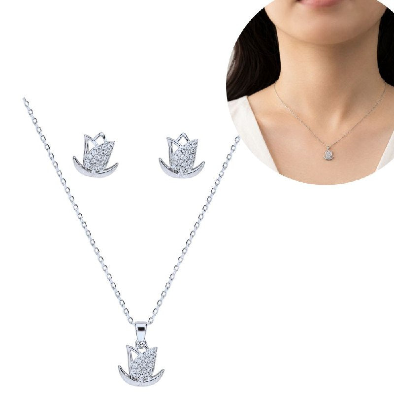 SET DE ENCHAPE PARA DAMA CON DISEÑO DE FLOR DE TULIPÁN CON PAVÉ DE CRISTALES