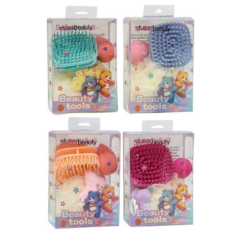 KIT DE CUIDADO PERSONAL, ESPONJA DE MALLA Y CEPILLO PARA LAVAR CABELLO, 4 COLORES SWEET BEAUTY