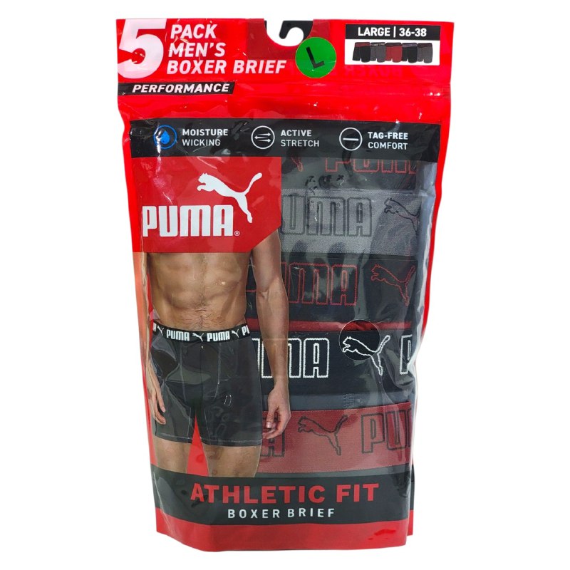 ROPA INTERIOR PARA CABALLERO PUMA ATHLETIC FIT BOXER BRIEF 5 UNIDADES TALLA LARGE 36-38 (L)