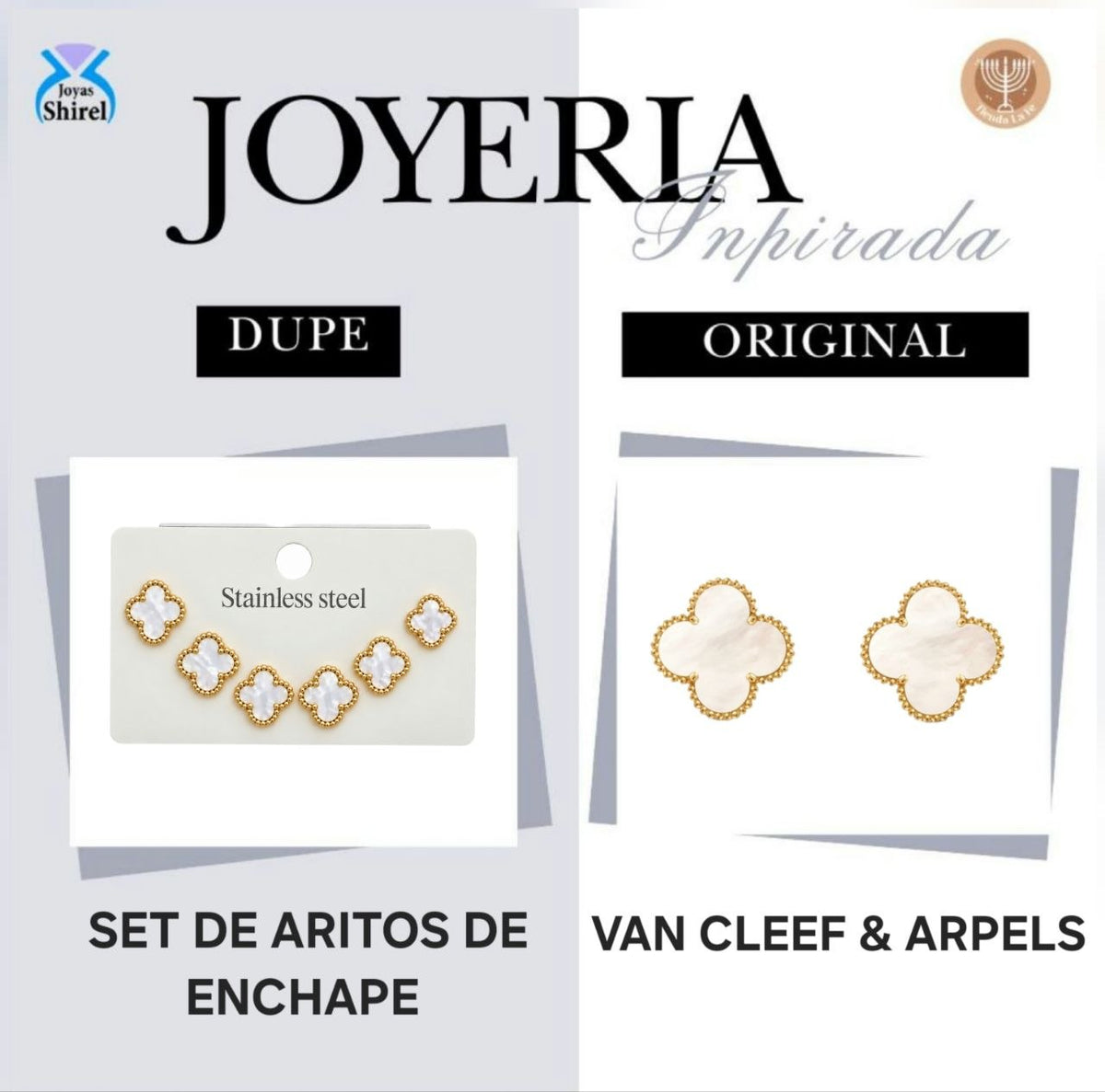 SET DE ARITOS DE ENCHAPE PARA DAMA JUEGO DE 3 PARES CON DISEÑO DE TRÉBOL DE CUATRO HOJAS CON CENTRO BLANCO NACARADO Y BORDE CON DETALLE DE ESFERAS 1.2CM, 1CM Y 0.8CM