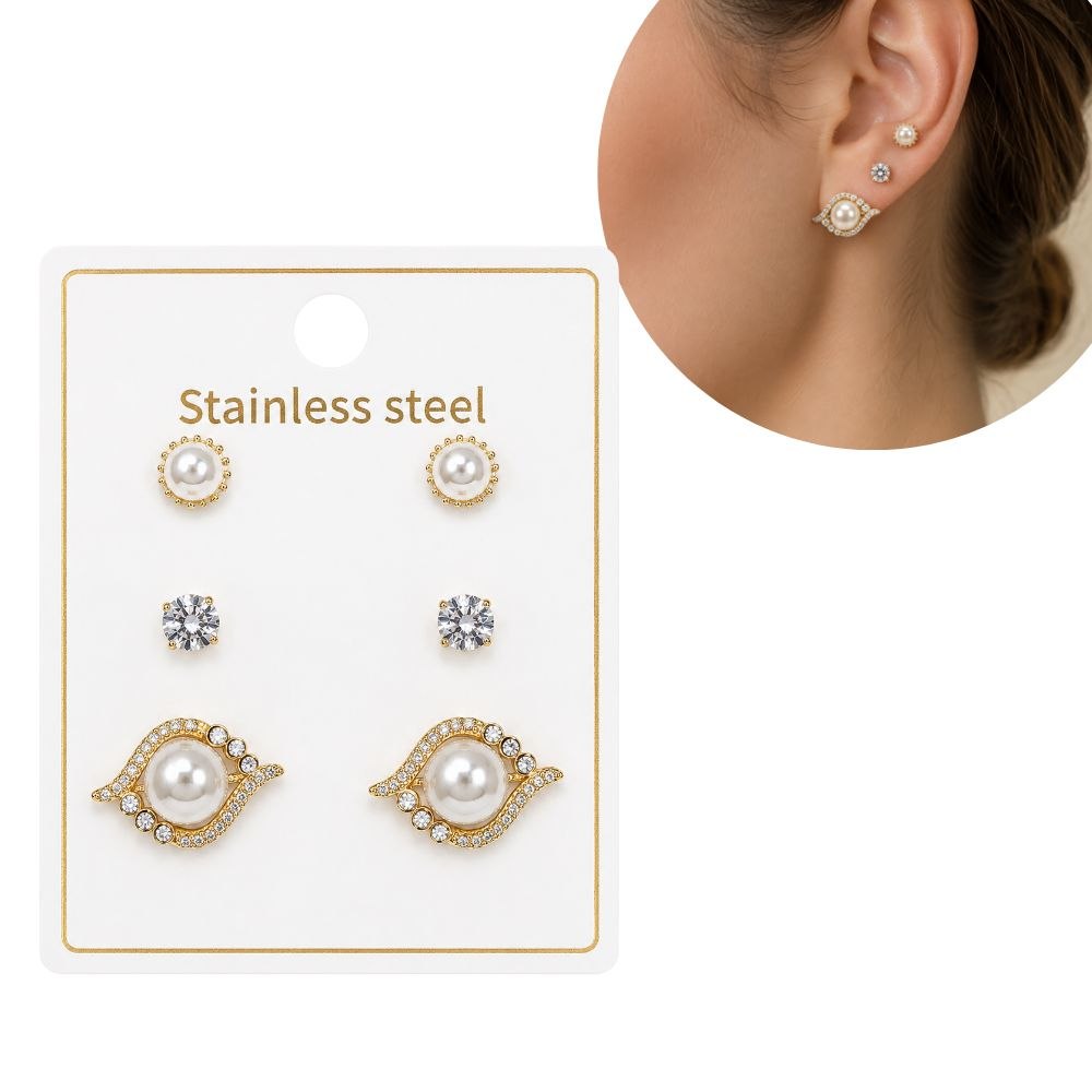 SET DE ARETES ENCHAPE PARA DAMA TRIPLE PAR CON MOTIVO OJO TURCO / ALMENDRA EN PAVÉ Y PERLAS