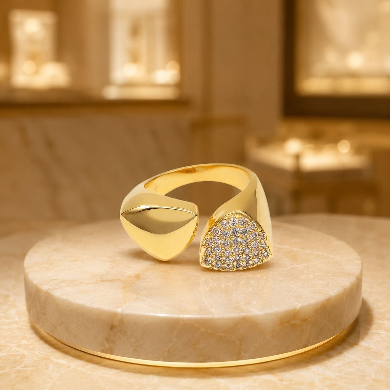 ANILLO DE ENCHAPE PARA DAMA CON DISEÑO ABIERTO GEOMÉTRICO Y PAVÉ DE CIRCONES
