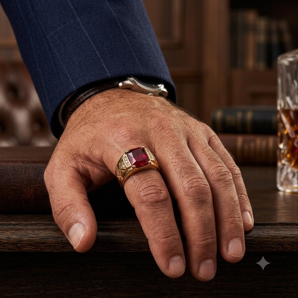 ANILLO DE ENCHAPE PARA CABALLERO CON DISEÑO PIEDRA ROJA