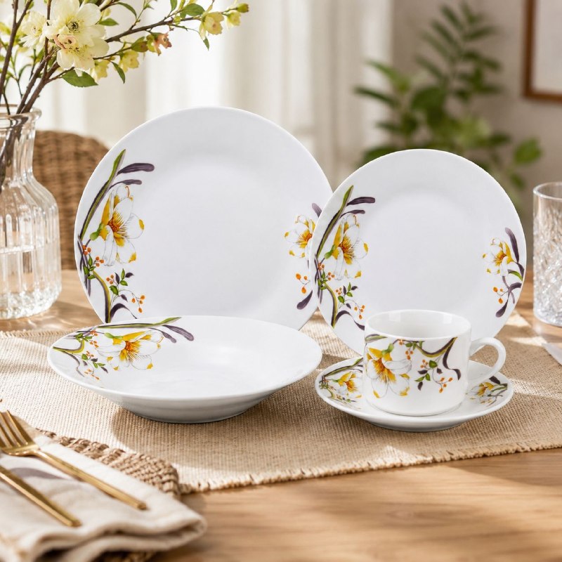 JUEGO DE PLATOS VAJILLA DE PORCELANA CON DISEÑO  FLORAL ELEGANTE LOTUS 20PCS