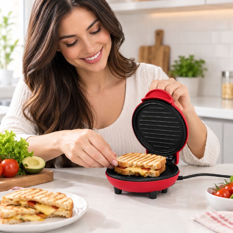 MAQUINA MINI PRENSA PARA WAFFLES, SANDWICH, PANINI Y DONAS COMPACTA ANTIADHERENTE DE ALUMINIO 16.5CM