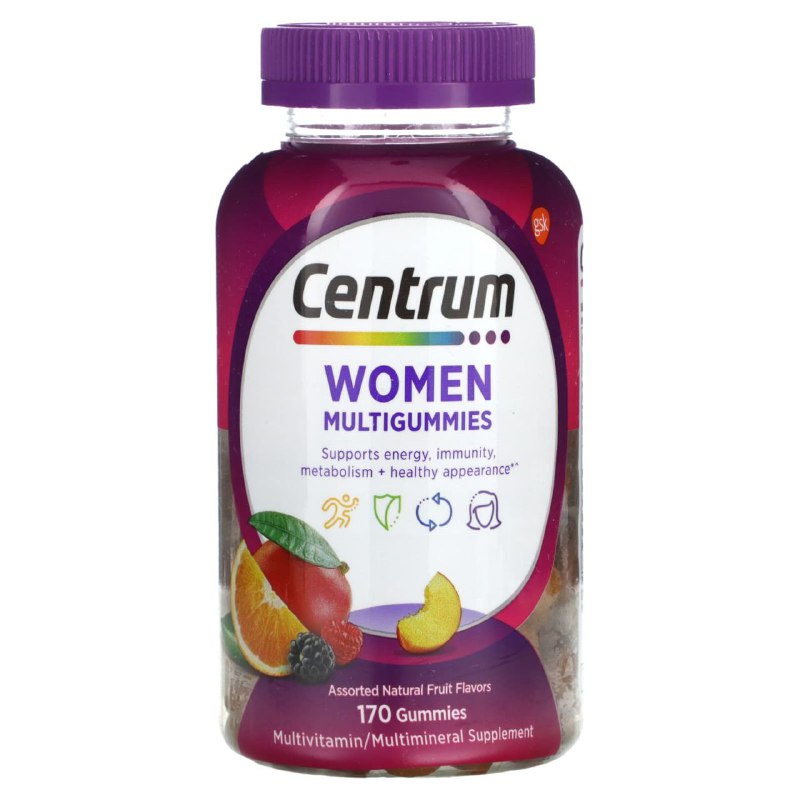 VITAMINAS EN GOMITAS PARA MUJER, APOYA LA ENERGIA, INMUNIDAD, METABOLISMO Y APARCIENCIA SALUDABLE, SABORES SURTIDOS DE FRUTAS ANTURALES CENTRUM WOMEN 170UND