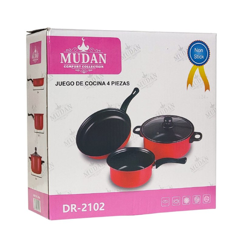 JUEGO DE COCINA DE 4 PIEZAS, CACEROLAS, SARTENES, OLLAS, REVESTIMIENTO ANTIADHERENTE, TAPA DE VIDRIO MUDAN COMFORT COLLECTION