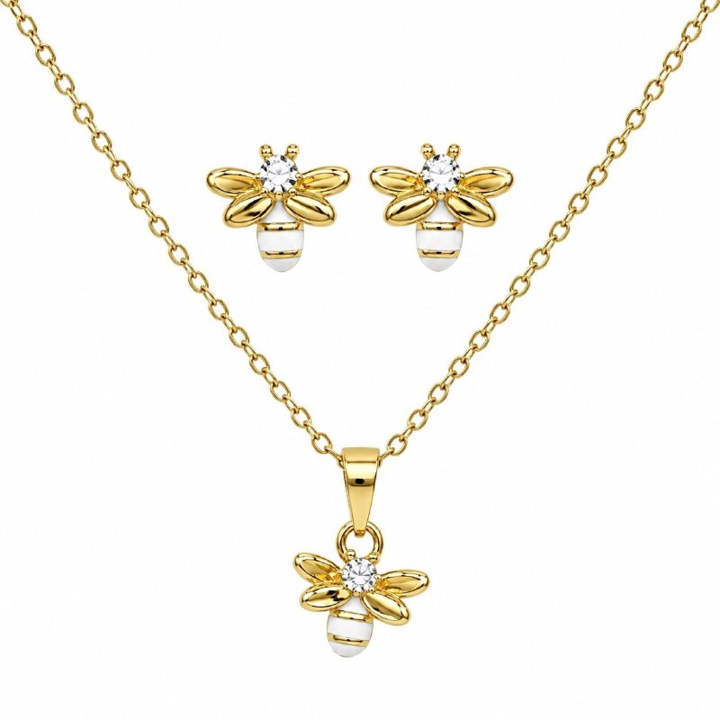 SET DE ENCHAPE PARA DAMA CADENA, DIJE Y TOPOS MOTIVO ABEJA REINA CON CIRCÓN Y ESMALTE BLANCO