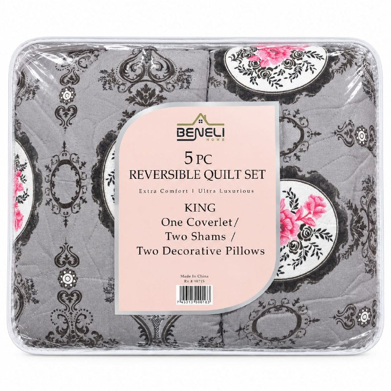 JUEGO DE EDREDON CUBRECAMA REVERSIBLE KING DE 5 PIEZAS BENELI HOME
