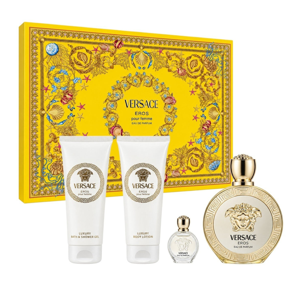 SET VERSACE EROS POUR FEMME EDP 100ML EDP 5ML CREMA CORPORAL 100ML GEL DE DUCHA 100ML (M)
