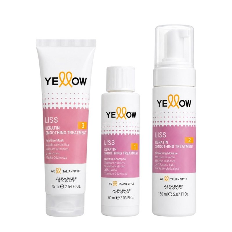 SET DE 3 PIEZAS DE ALISADO CAPILAR PROGESIVO Y CONTROL DE FRIZZ SIN FORMOL CON KERATINA Y ACEITES NUTRITIVOS ALFAPARF YELLOW