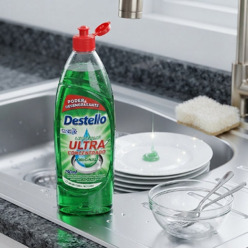 JABON LIQUIDO PARA LAVAR PLATOS ULTRA CONCENTRADO DESENGRASANTE AROMA ORIGINAL DESTELLO 750ML