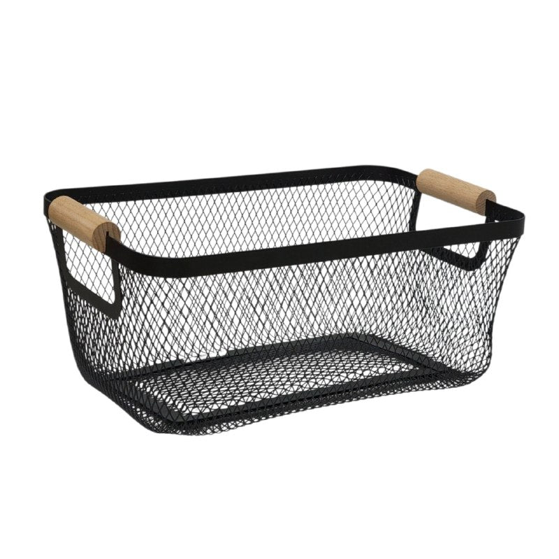 CANASTA CESTA ORGANIZADORA PORTATIL DE METAL CON ASAS DE MADERA ELEGANTE 30X18X14CM