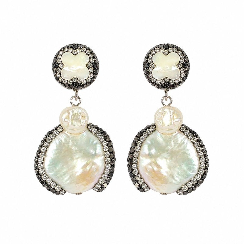 ARETES DE ENCHAPE EN RODIO NEGRO PARA DAMA CON PERLAS BARROCAS Y CIRCONES
