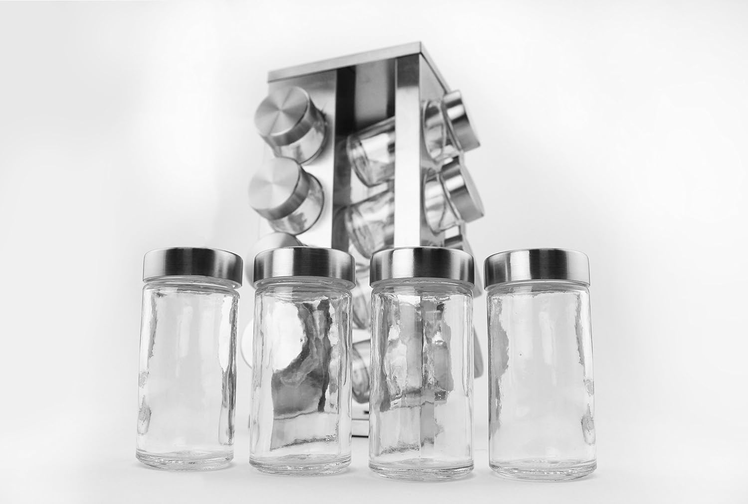 ORGANIZADOR ESPECIERO GIRATORIO CUADRADO DE ACERO INOXIDABLE DE 16 BOTES DE VIDRIO 12.7X27.3CM