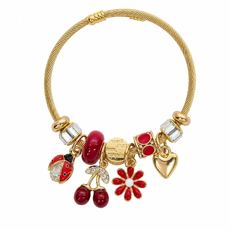 PULSERA DE ENCHAPE PARA DAMA CON DISEÑO DE CEREZA, FLOR Y CORAZON