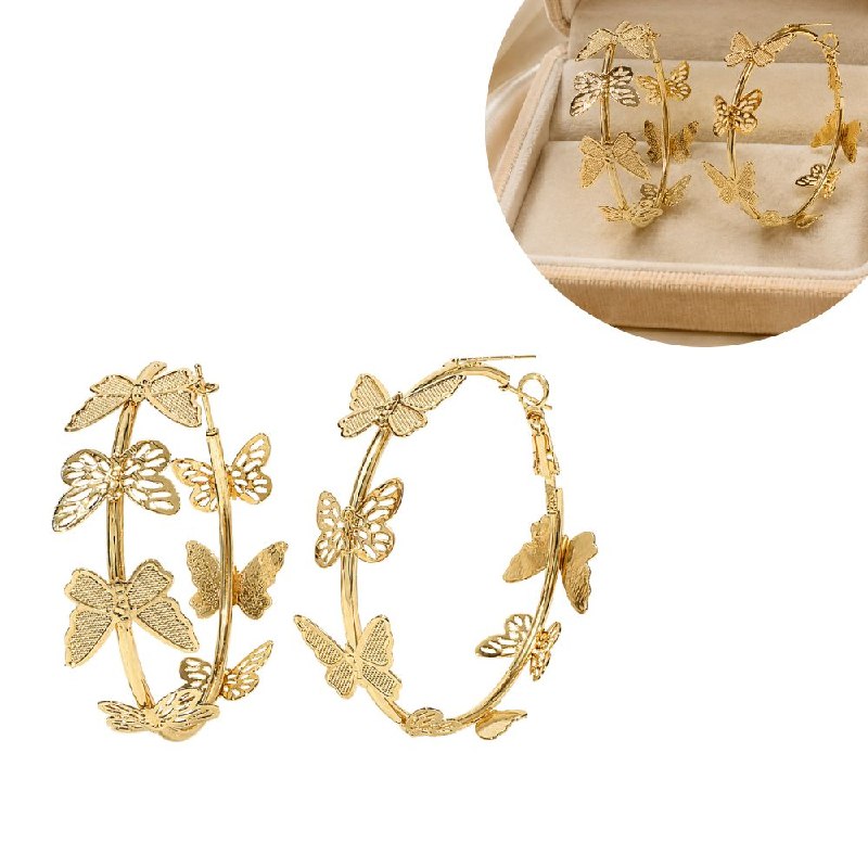 ARGOLLAS DE ENCHAPE PARA DAMA CON DISEÑO DE MARIPOSAS 6CM