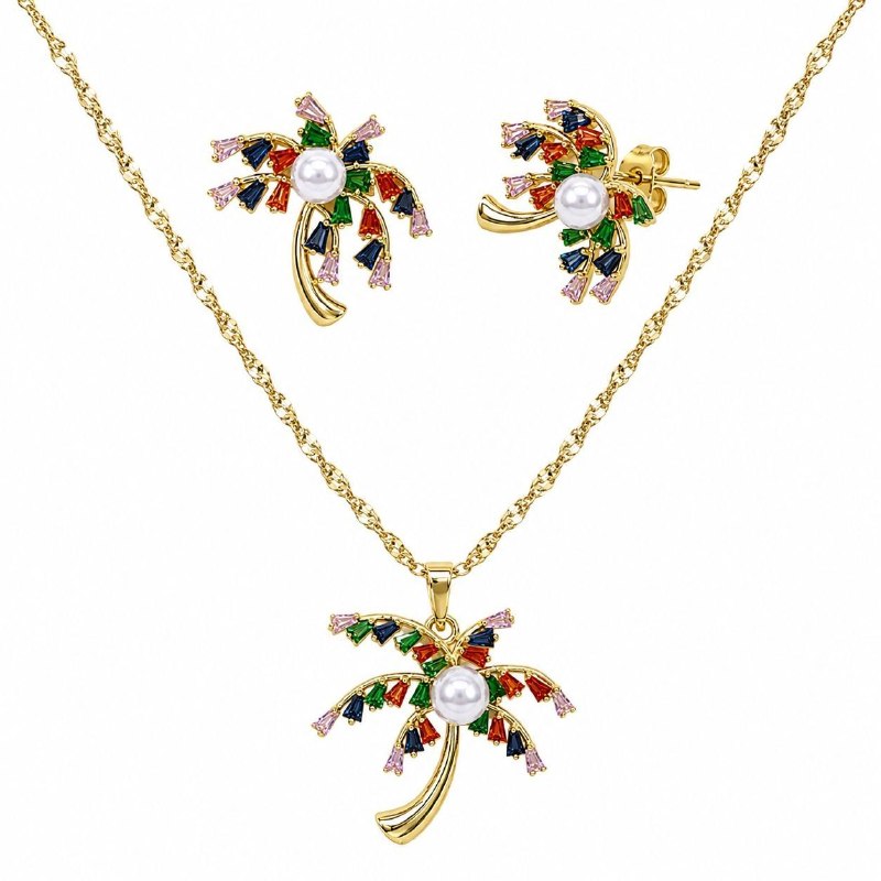 SET DE ENCHAPE PARA DAMA CADENA, DIJE Y TOPOS PALMERA CON CIRCONES MULTICOLOR Y PERLA