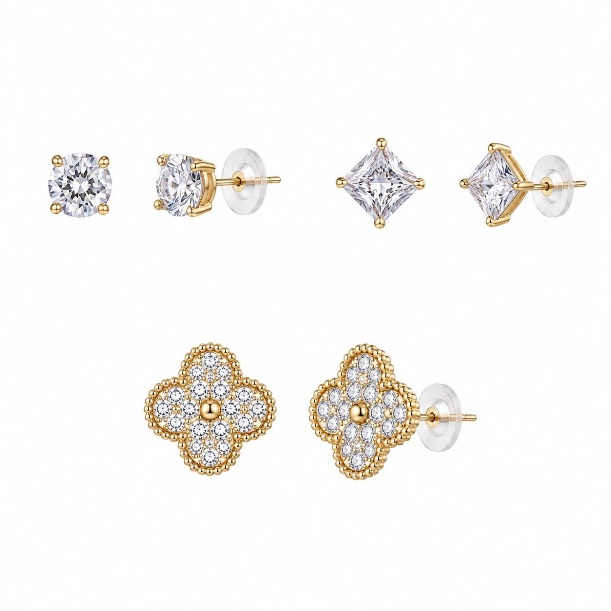 SET DE ARETES ENCHAPE PARA DAMA TRIPLE PAR CON MOTIVO DE TRÉBOL Y CIRCONES