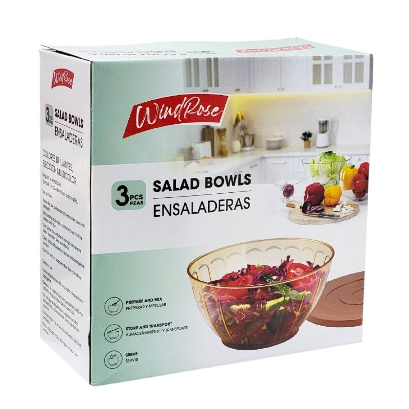 SET DE TAZONES ENSALADERAS CON TAPA HERMETICA DE PLASTICO DE ALTA RESISTENCIA 3PCS WINDROSE