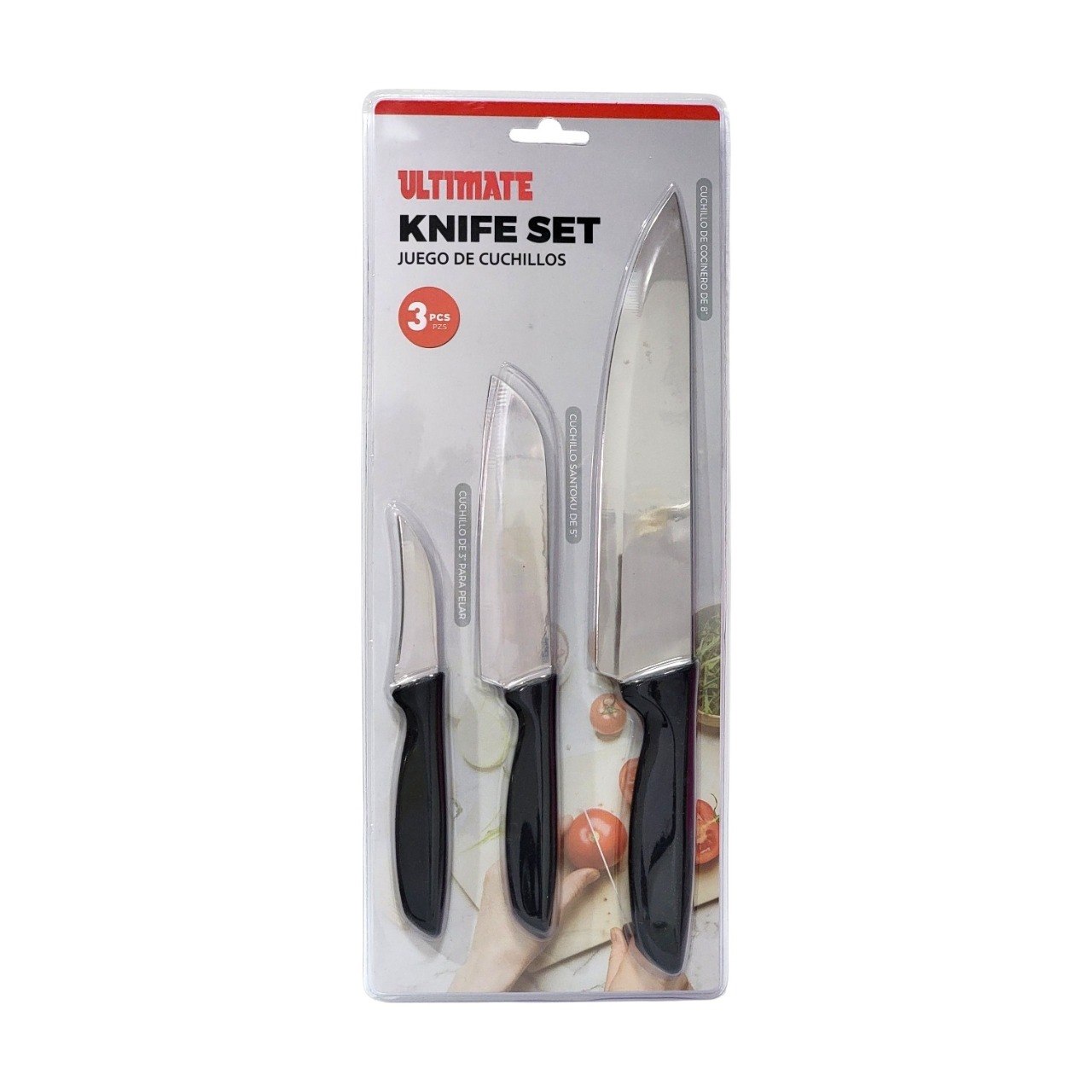 JUEGO DE CUCHILLOS ESENCIALES DE ACERO INOXIDABLE COLOR NEGRO 3PCS ULTIMATE
