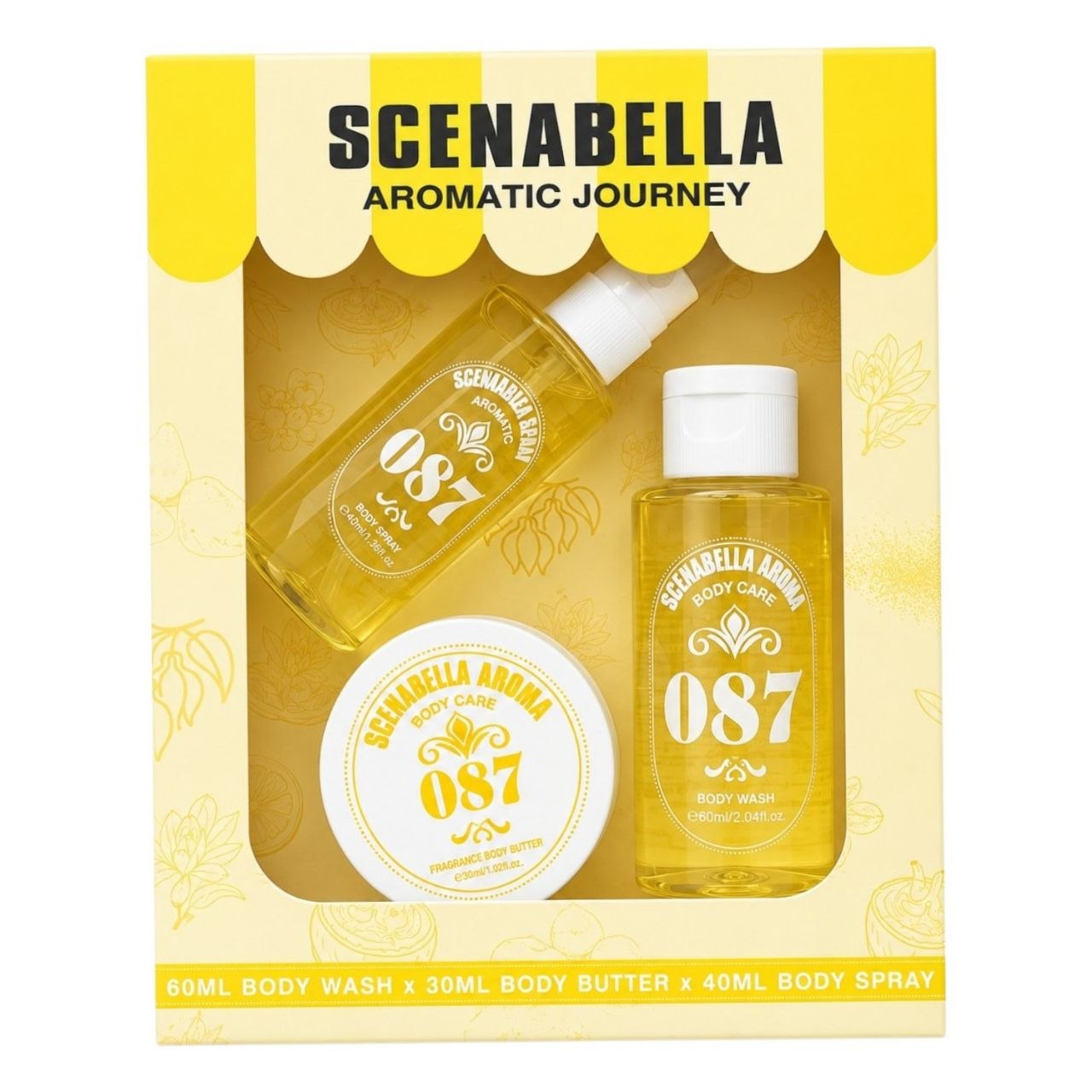 SET SCENABELLA AROMATIC JOURNEY 087 BODY SPRAY 40ML CREMA CORPORAL 30ML GEL DE DUCHA 60ML (M) (AROMA SIMILAR A SOL DE JANEIRO CHEIROSA 87)