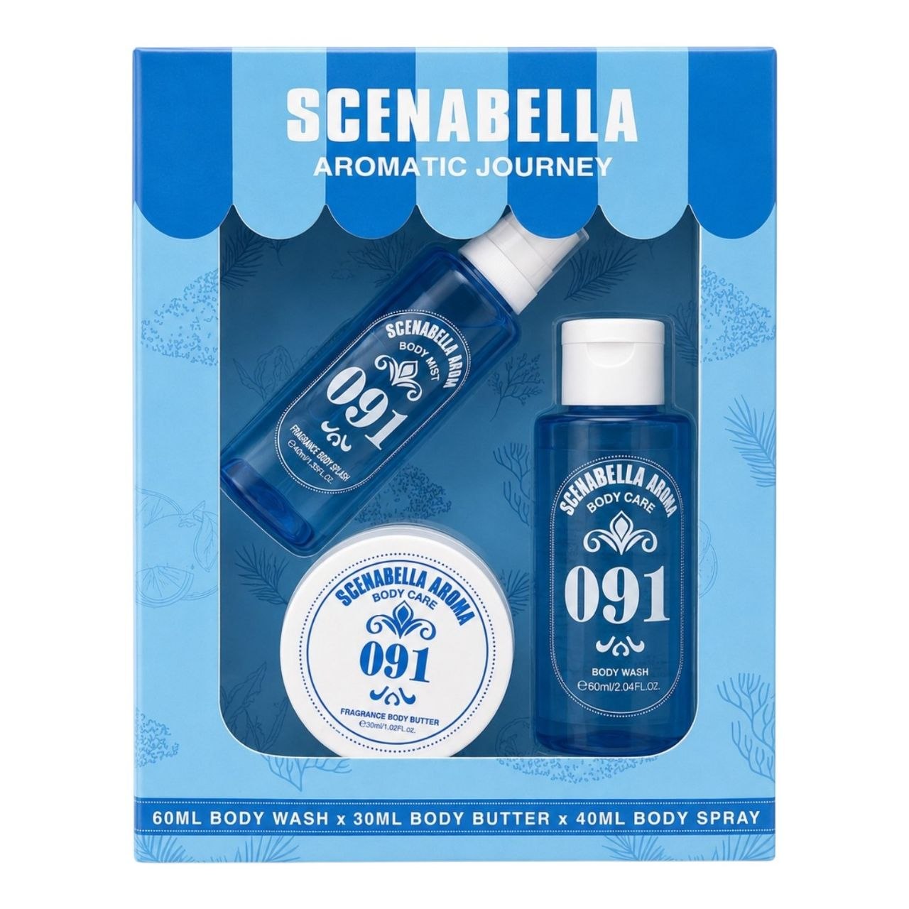 SET SCENABELLA AROMATIC JOURNEY 091 BODY SPRAY 40ML BODY SPRAY 40ML CREMA CORPORAL 30ML GEL DE DUCHA 60ML (M) (AROMA SIMILAR A SOL DE JANEIRO CHEIROSA 91)