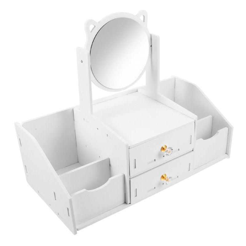 ORGANIZADOR ESTANTE DE COSMETICOS COLOR BLANCO CON ESPEJO DE GATO DE DOBLE CAJON 35X16X28CM