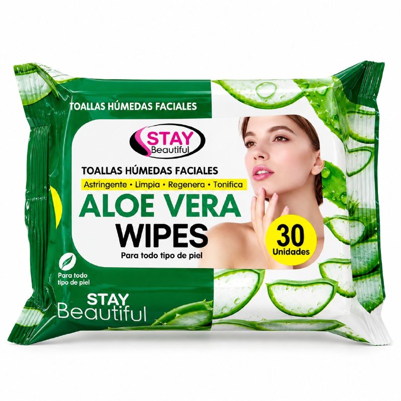 TOALLITAS HUMEDAS FACIALES DE ALOE VERA DESMAQUILLANTES Y LIMPIADORAS STAY BEAUTIFUL 30UND