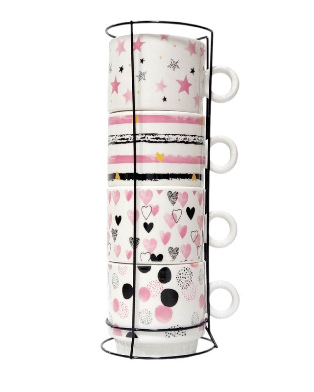 JUEGO DE 4 TAZAS DE CAFE APILABLES DE PORCELANA CON ESTANTE DE METAL COFFE CUP 4UND