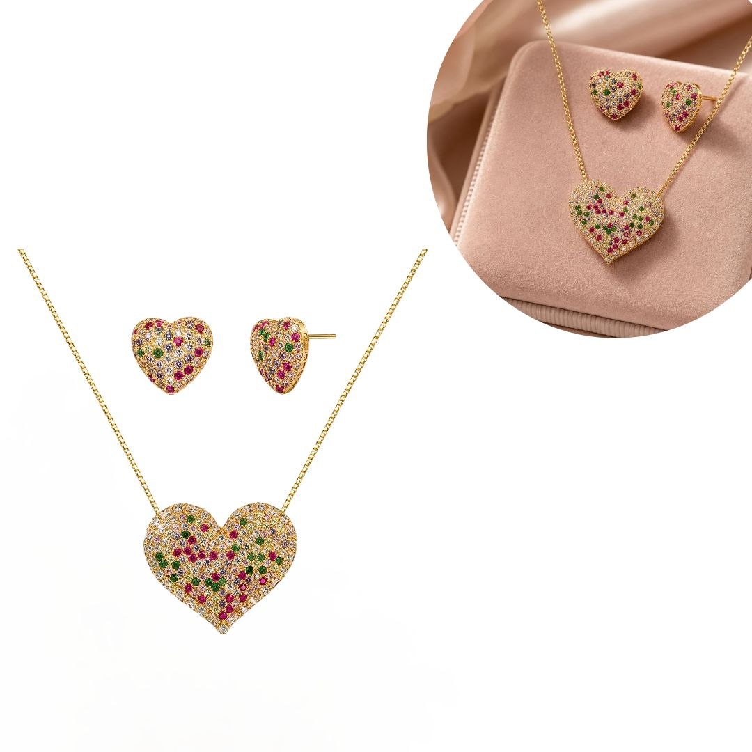SET DE ENCHAPE PARA DAMA COLLAR Y TOPOS CORAZÓN PAVÉ CON CIRCONES MULTICOLOR