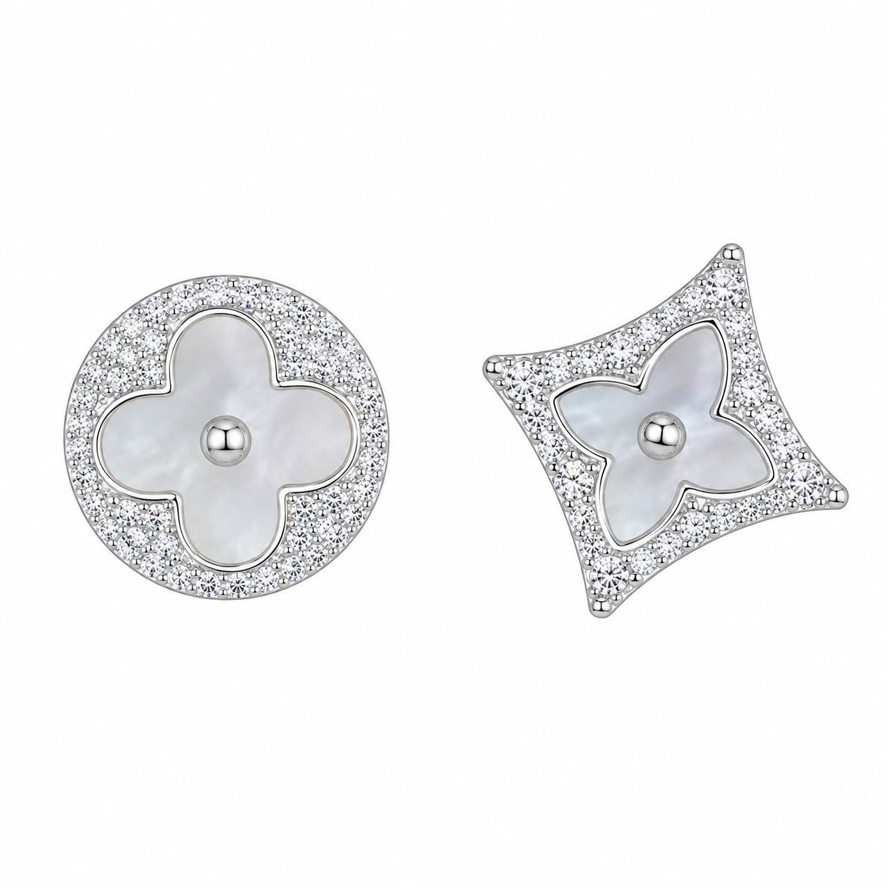 ARETES DE ENCHAPE EN RODIO PARA DAMA ASIMÉTRICOS DE FLOR Y ESTRELLA NÁCAR EN PAVÉ