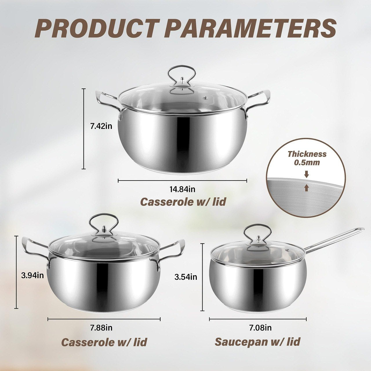 SET DE CACEROLAS DE ACERO INOXIDABLE CON TAPAS 6PCS DORAL KITCHEN