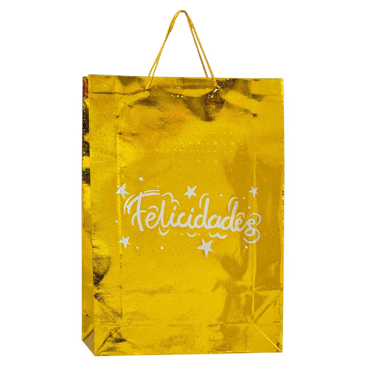 BOLSA DE REGALO EXTRA GRANDE DE FELICIDADES CON ACABADO METALICO 45X33CM