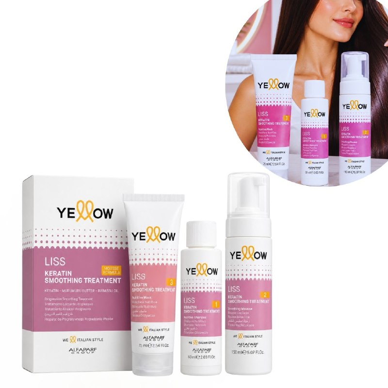 SET DE 3 PIEZAS DE ALISADO CAPILAR PROGESIVO Y CONTROL DE FRIZZ SIN FORMOL CON KERATINA Y ACEITES NUTRITIVOS ALFAPARF YELLOW