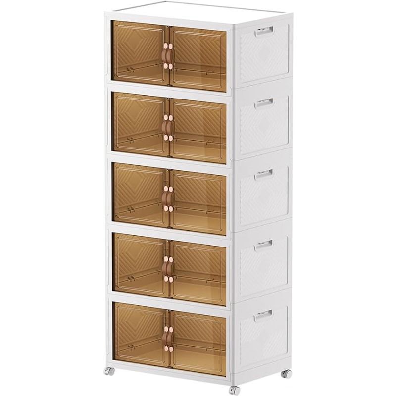 ORGANIZADOR ESTANTE DE ALMACENAMIENTO CON TAPAS, PUERTAS DOBLES CON 4 RUEDAS DESMONTABLES, 5 CAJAS DE ALMACENAMIENTO DE PLASTICO COLOR BLANCO