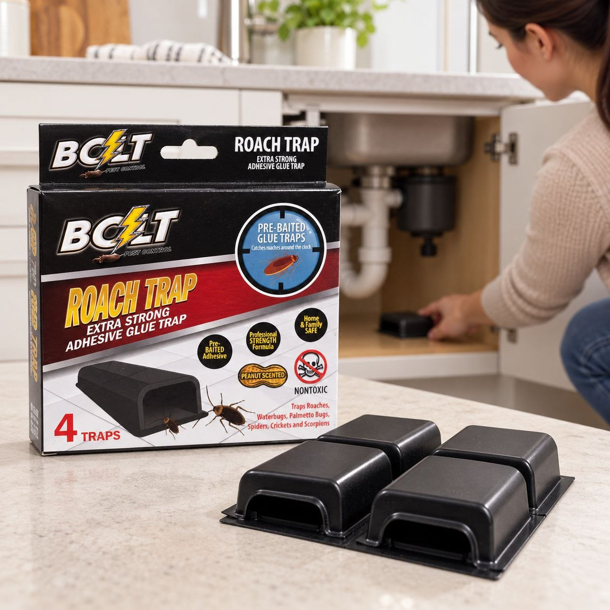 TRAMPAS ADHESIVAS PARA CUCARACHAS CON AROMA A MANÍ BOLT 4 PIEZAS (7X6CM C/U)