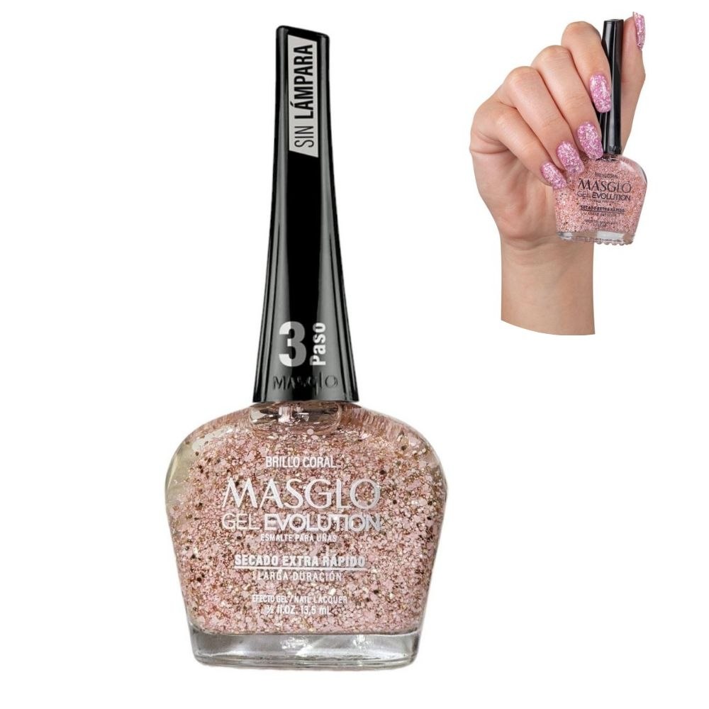 ESMALTE PARA UÑAS DE SECADO RAPIDO BRILLO CORAL MASGLO 13.5ML PASO 3