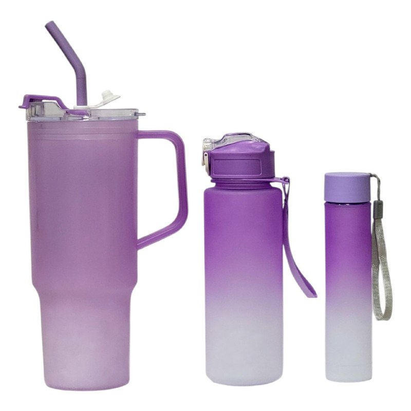 VASO TERMO PLASTICO CON ASA EN SET, 2 BOTES TERMOS MEDIANO Y PEQUEÑO, INCLUYE STICKERS, 3 COLORES