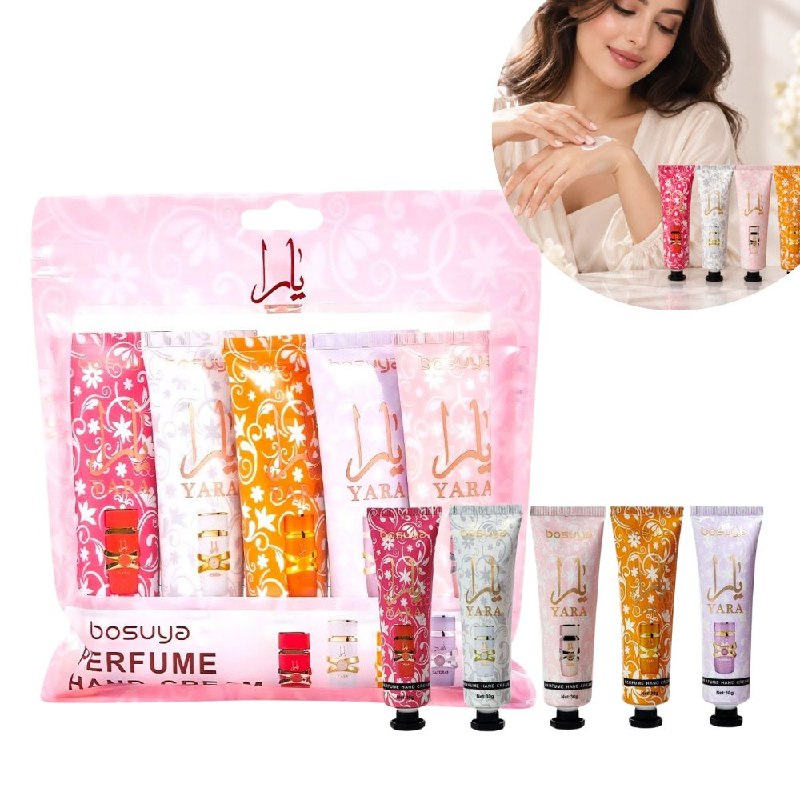 SET DE CREMAS PARA MANOS CON AROMAS DE PERFUMERIA ARABE 5PCS BOSUYA (AROMA SIMILAR A LATTAFA YARA)