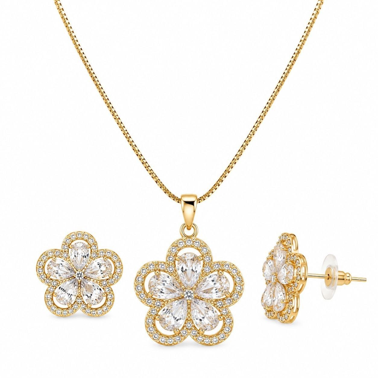 SET DE ENCHAPE PARA DAMA CADENA, DIJE Y TOPOS FLOR DE 5 PÉTALOS CON CIRCONES GOTA Y PAVÉ