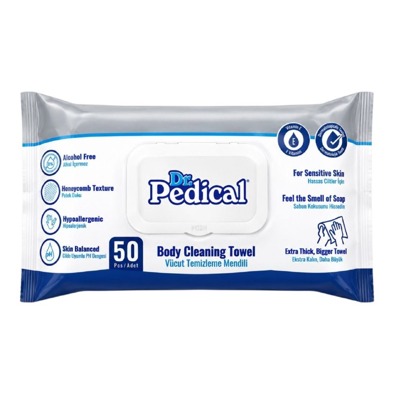 TOALLITAS HUMEDAS PARA LIMPIEZA CORPORAL CON VITAMINA E REFRESCANTE DR PEDICAL 50UND