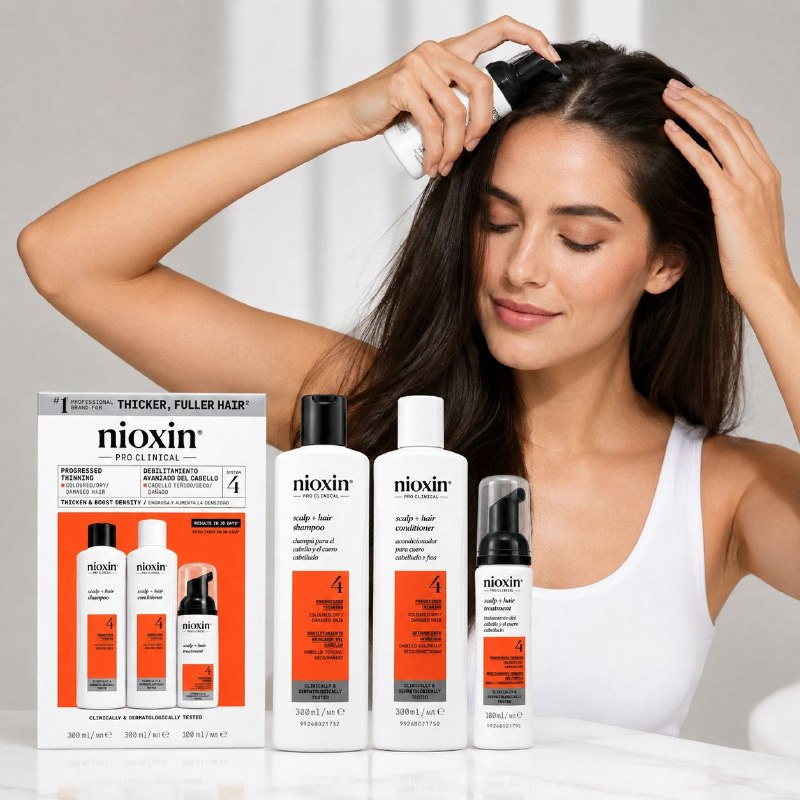 SET DE 3 PASOS PARA CABELLO TEÑIDO CON ADELGAZAMIENTO, EFECTO ANTICAIDA, PROTECTOR DE COLOR Y DENSIFICADOR NIOXIN