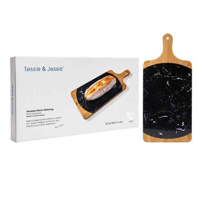 TABLA DE SERVIR COMIDA O PICAR DE MARMOL Y MADERA CON DISEÑO ELEGANTE Y NATURAL TESSIE & JESSIE 42.5X18.5X1.6CM
