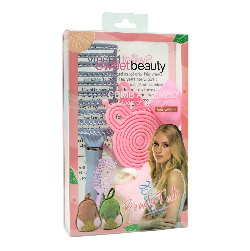 SET DE CUIDADO PERSONAL, ESPONJA MAQUILLAJE, ESPONJA DE BAÑO Y CEPILLO DE PELO SWEET BEAUTY