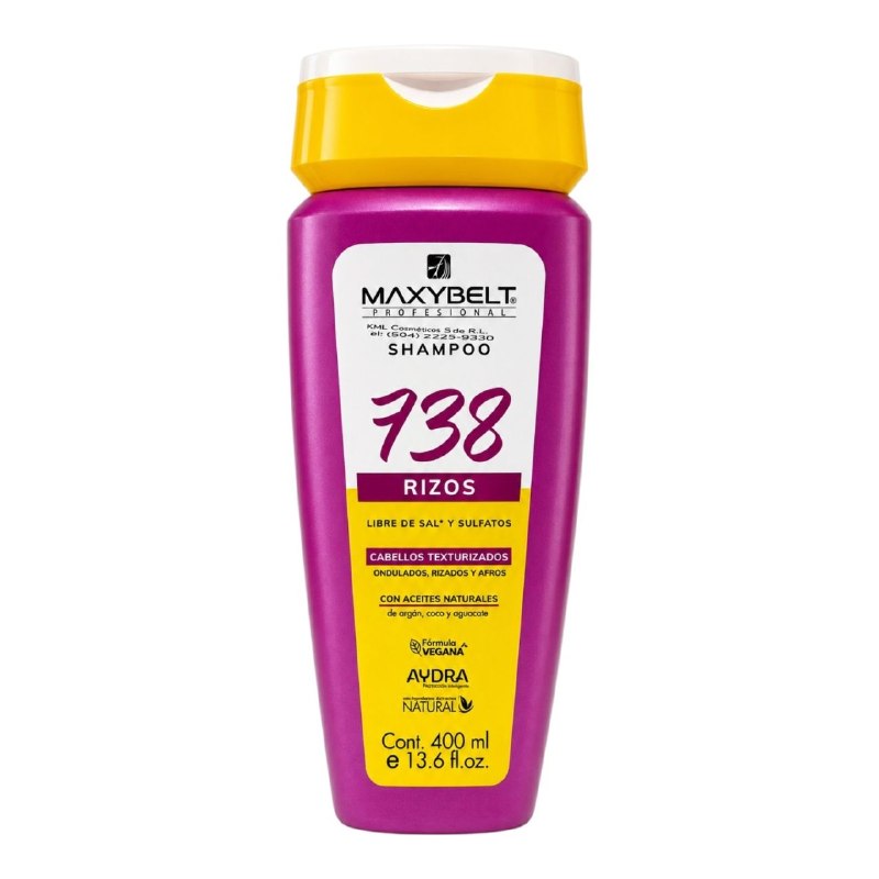 SHAMPOO DE LIMPIEZA SUAVE ESPECIALIZADO PARA CABELLO RIZADO CON ARGAN, COCO Y AGUACATE 738 MAXYBELT 400ML