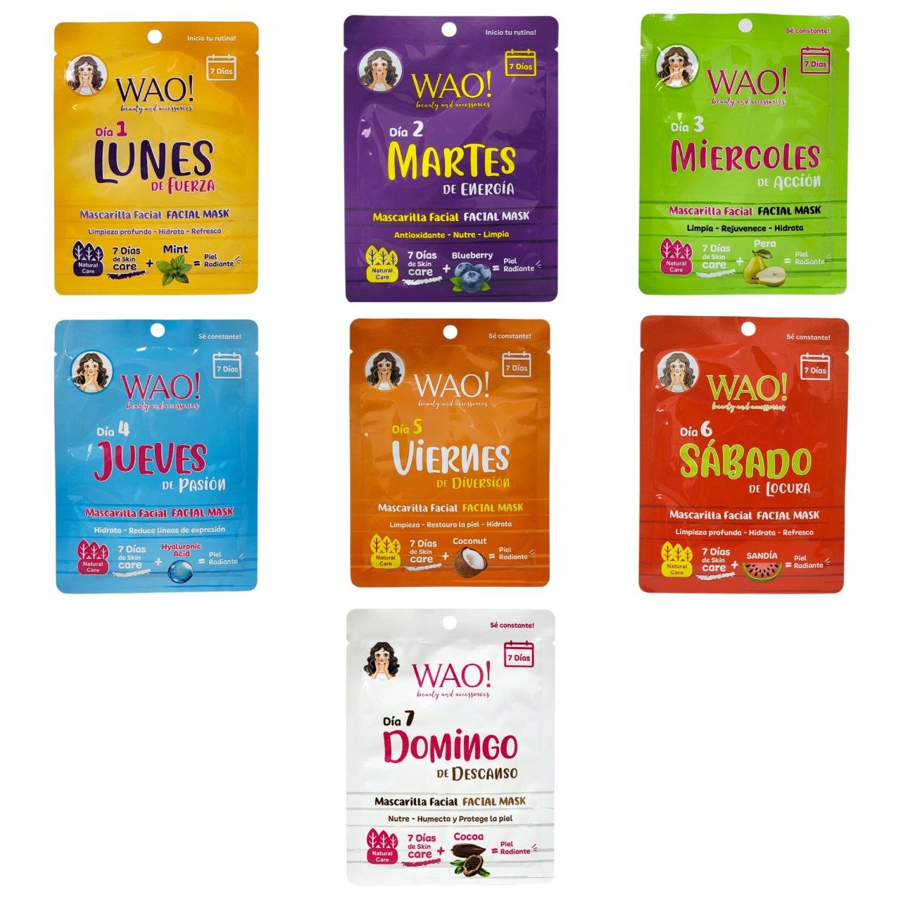 MASCARILLAS FACIALES RUTINA SEMANAL HIDRATAR Y RENOVAR LA PIEL WAO! BEAUTY AND ACCESSORIES 7X25G