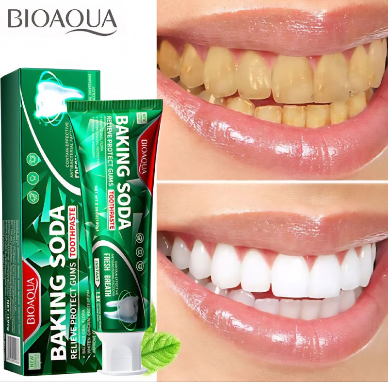 PASTA DE DIENTES, CON BICARBONATO DE SODIO, ALIVIA Y PROTEGE LAS ENVIAS, CREMA SUAVE Y DELICADA, LIMPIA LAS MANCHAS Y EL SARRO Y BLANQUEA LOS DIENTES BIOAQUA 100G