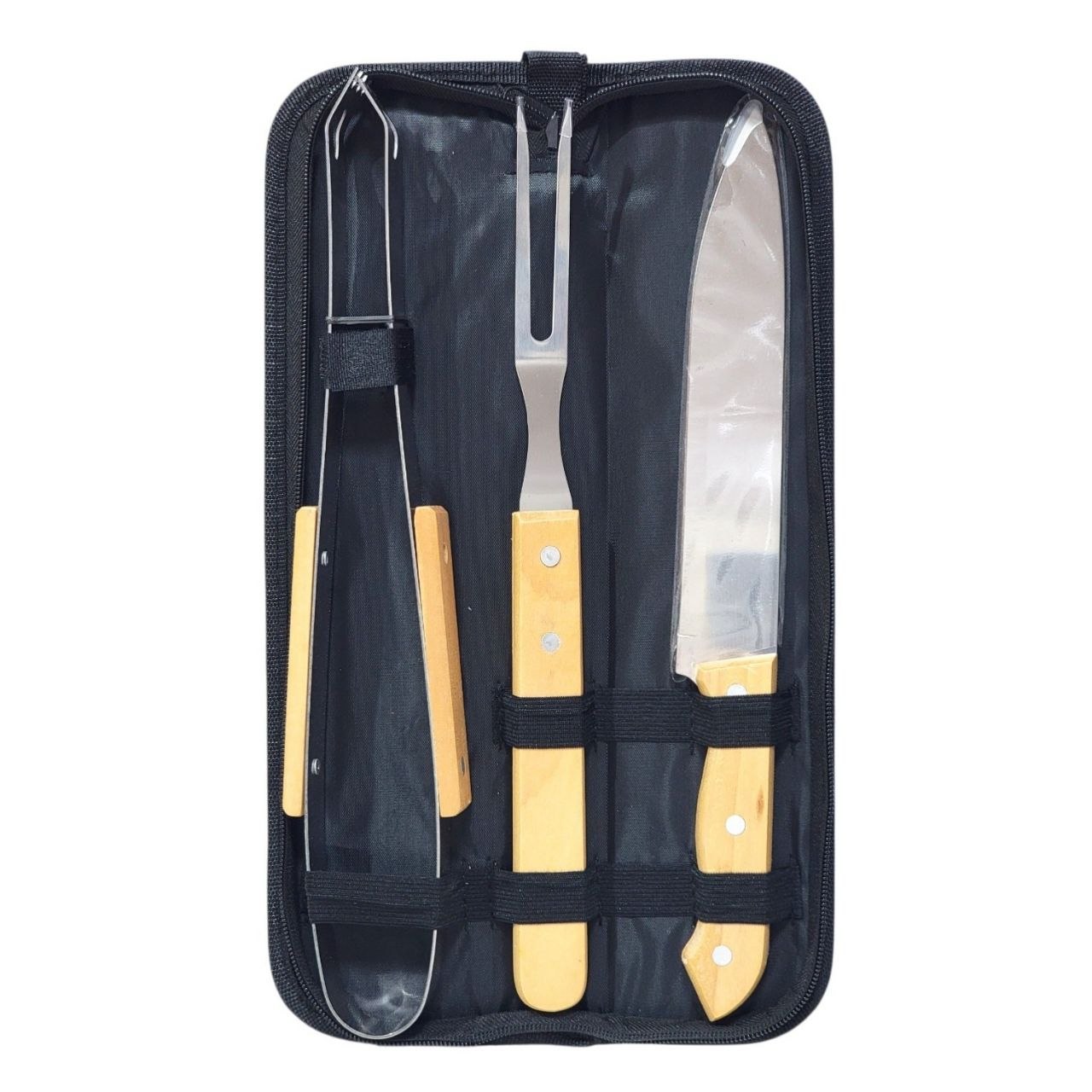 SET PARRILLERO PINZAS, UN TENEDOR TRINCHANTE Y UN CUCHILLO ACERO INOXIDABLE 3 PIEZAS