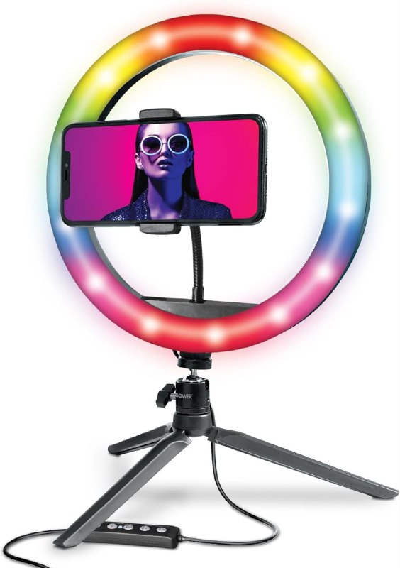 ARO DE LUZ LED RGB DE MESA CON SOPORTE PARA TELEFONO TRIPOIDE DE 10 PULGADAS BOWER